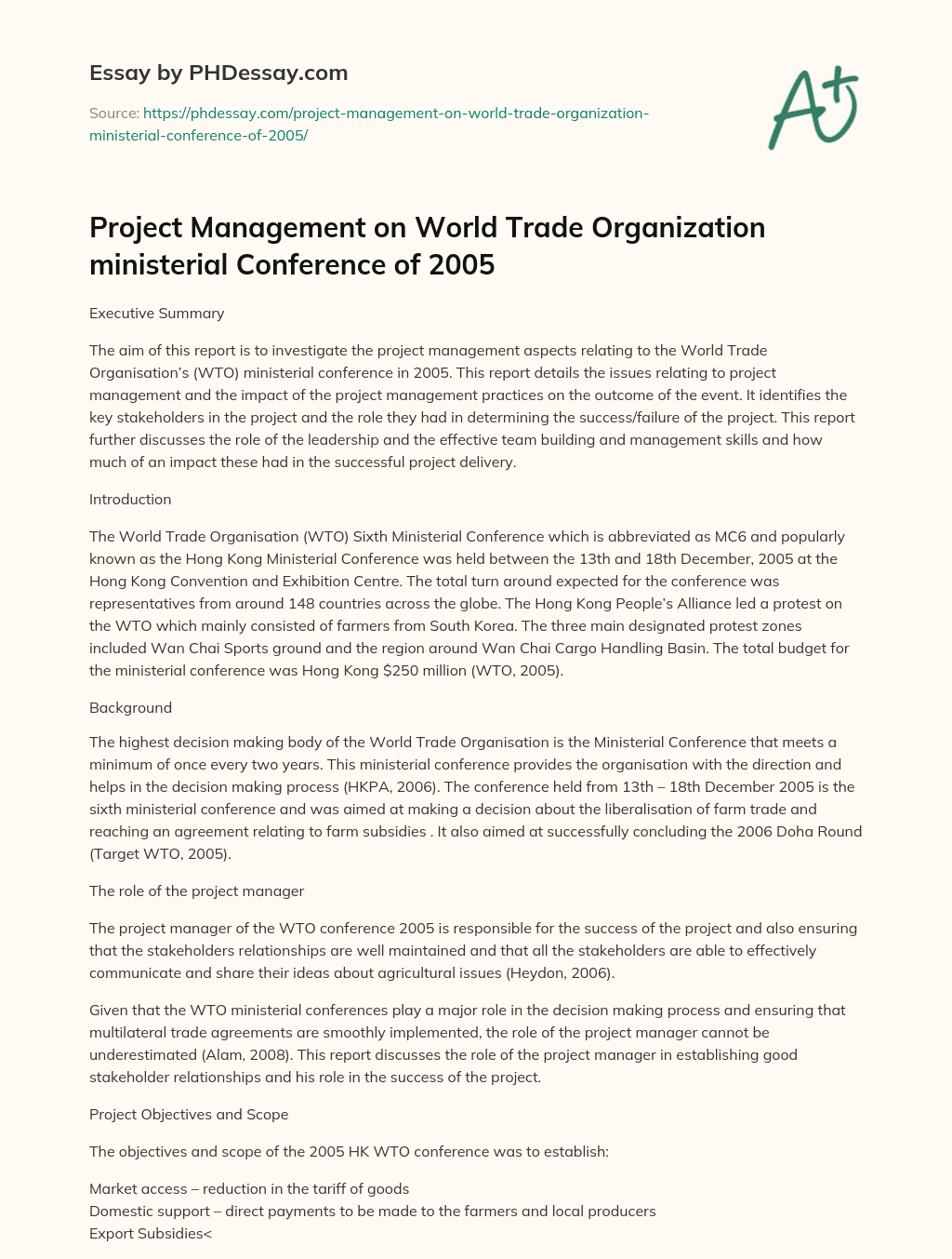Project Management on World Trade Organization ministerial Conference of 2005 essay