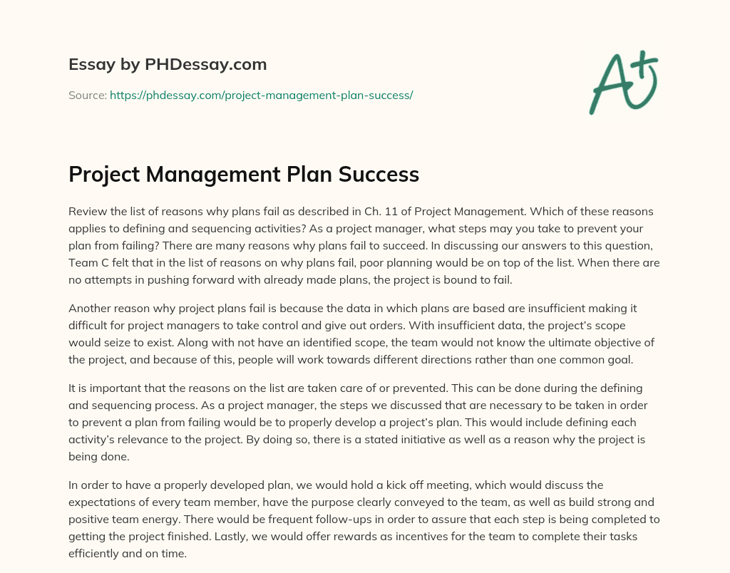 Project Management Plan Success essay