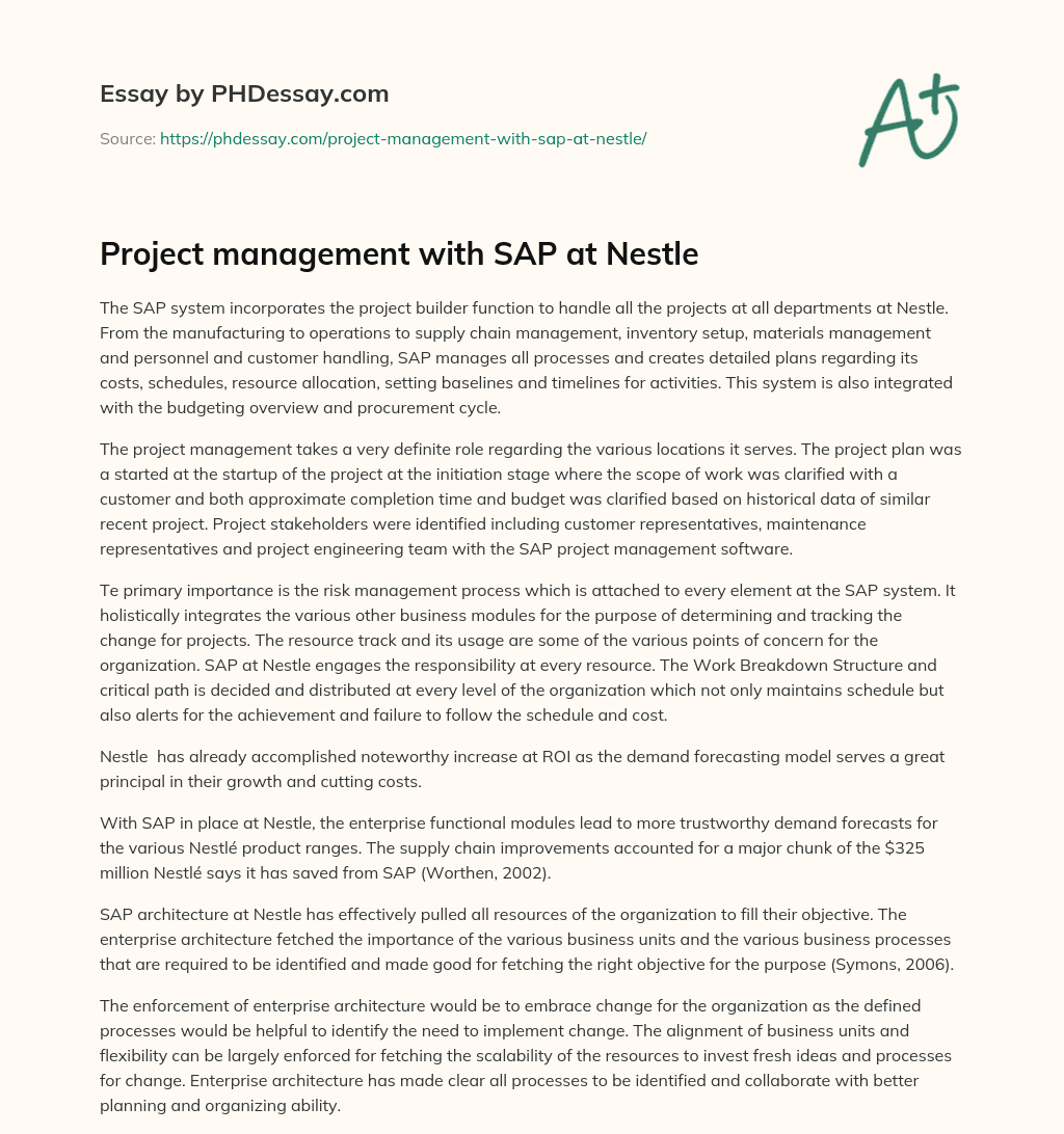 Project management with SAP at Nestle essay
