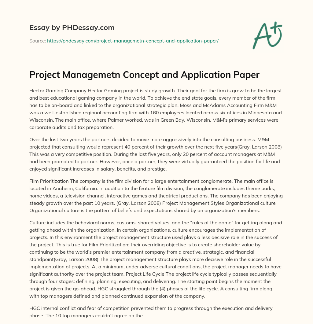 Project Managemetn Concept and Application Paper essay