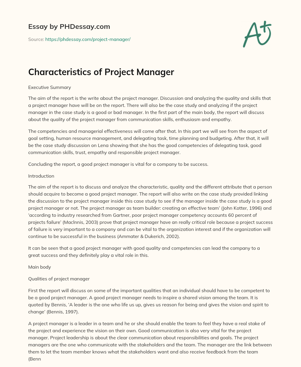 characteristics of a project manager essay