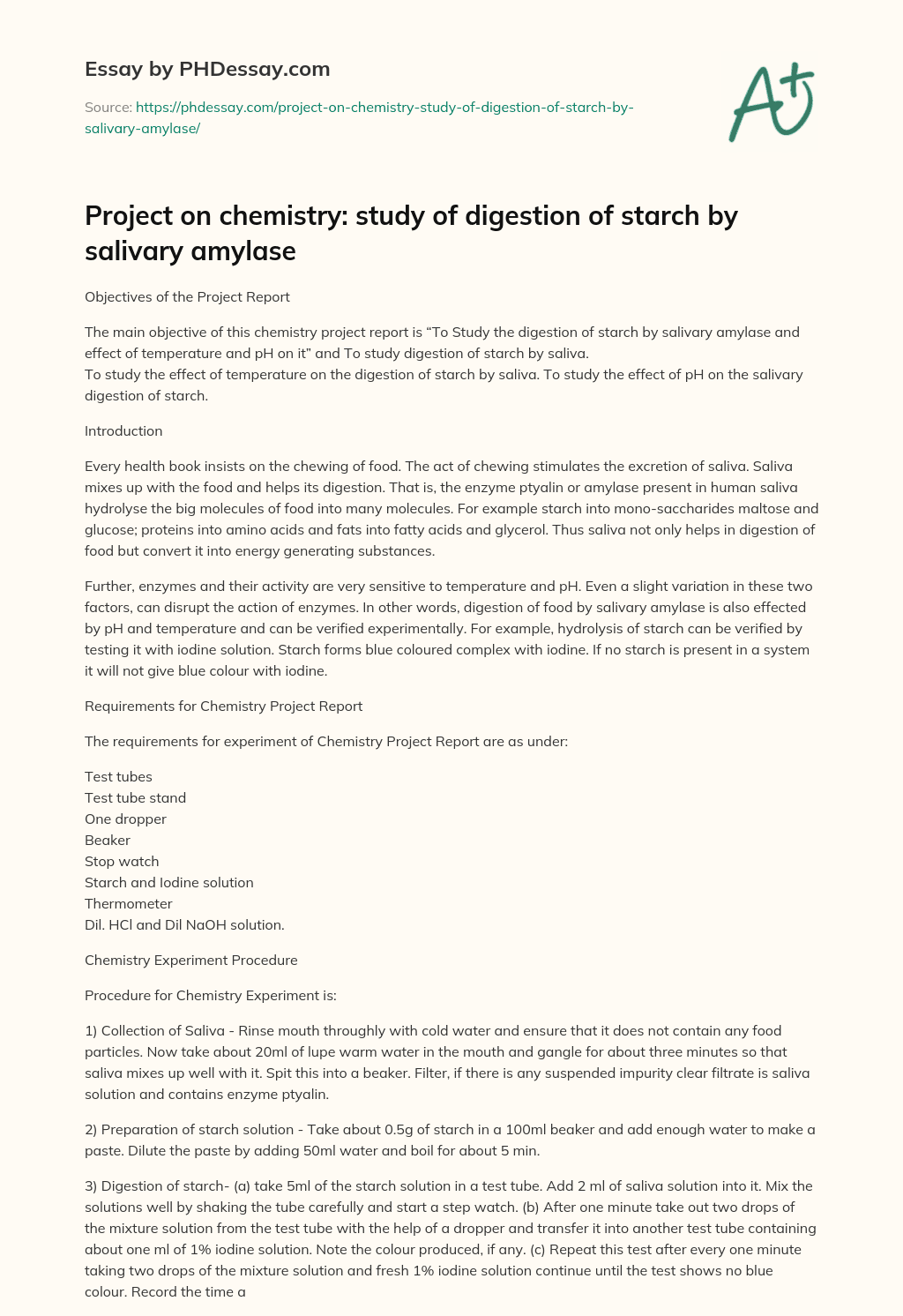Project on chemistry: study of digestion of starch by salivary amylase essay