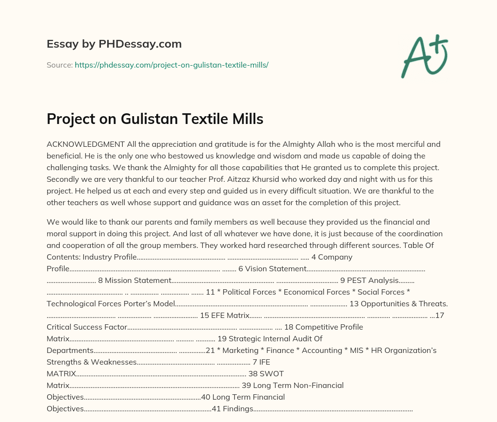 Project on Gulistan Textile Mills essay