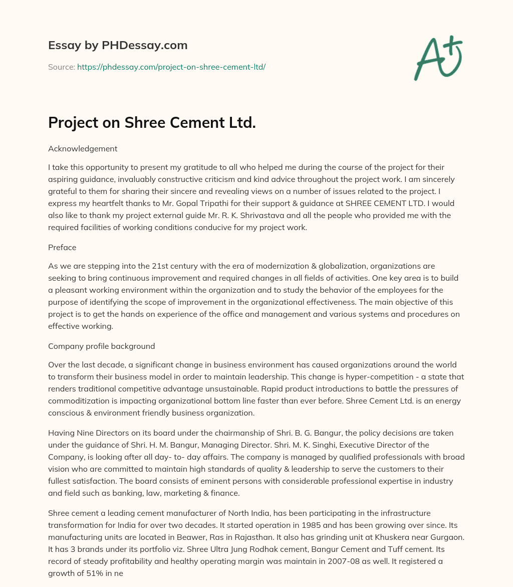 Project on Shree Cement Ltd. essay