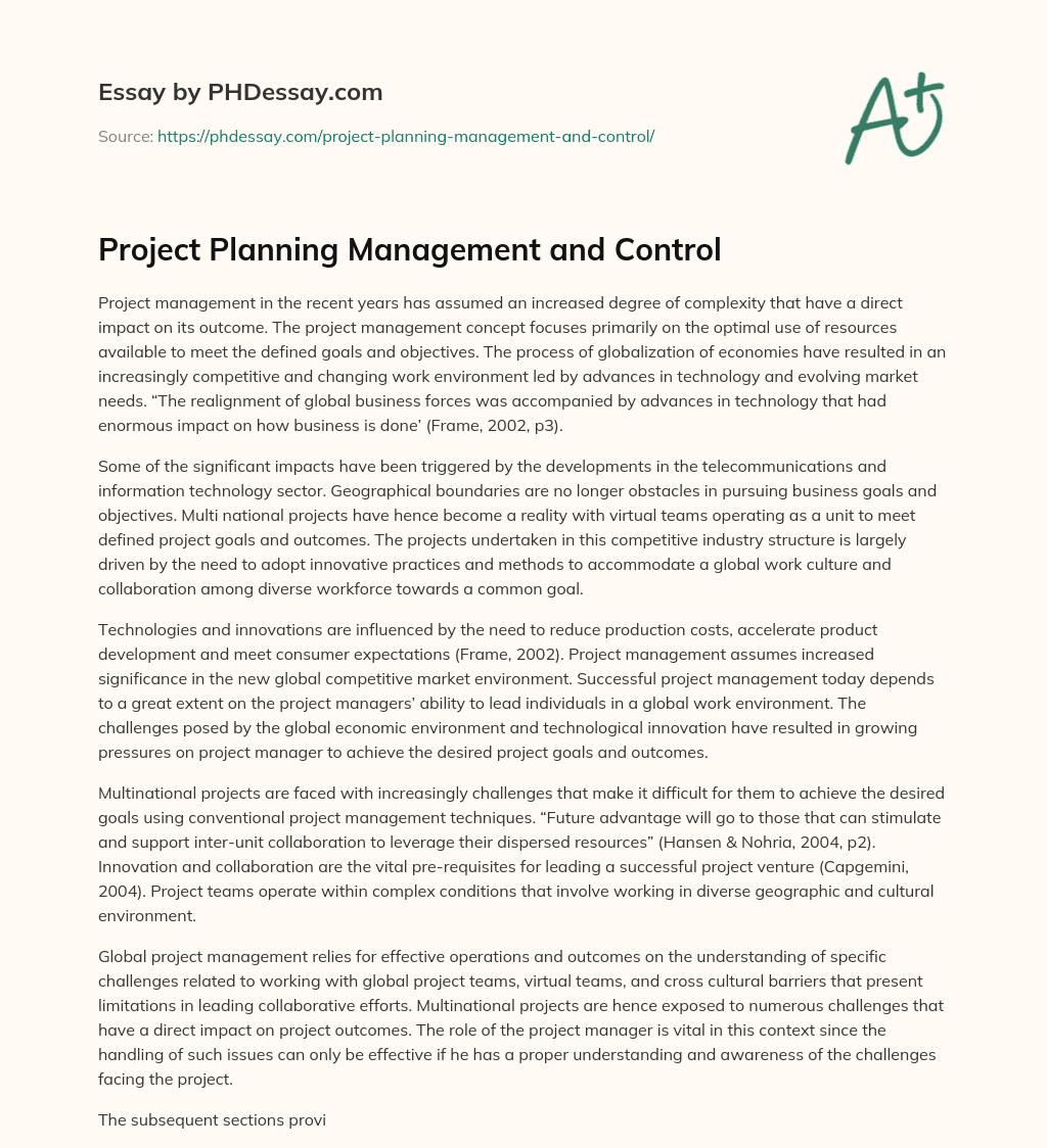 Project Planning Management and Control essay