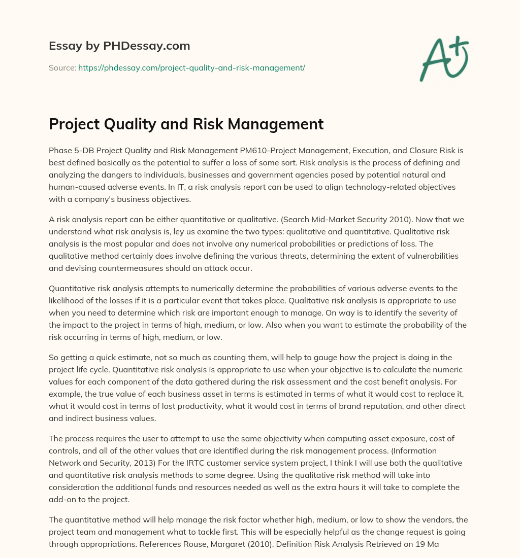 Project Quality and Risk Management essay