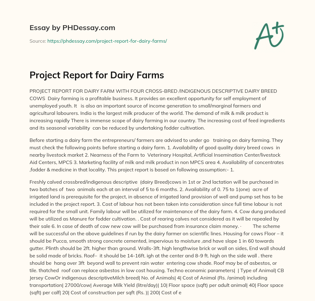 Project Report for Dairy Farms essay