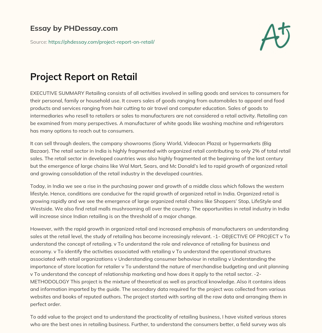 Project Report on Retail essay