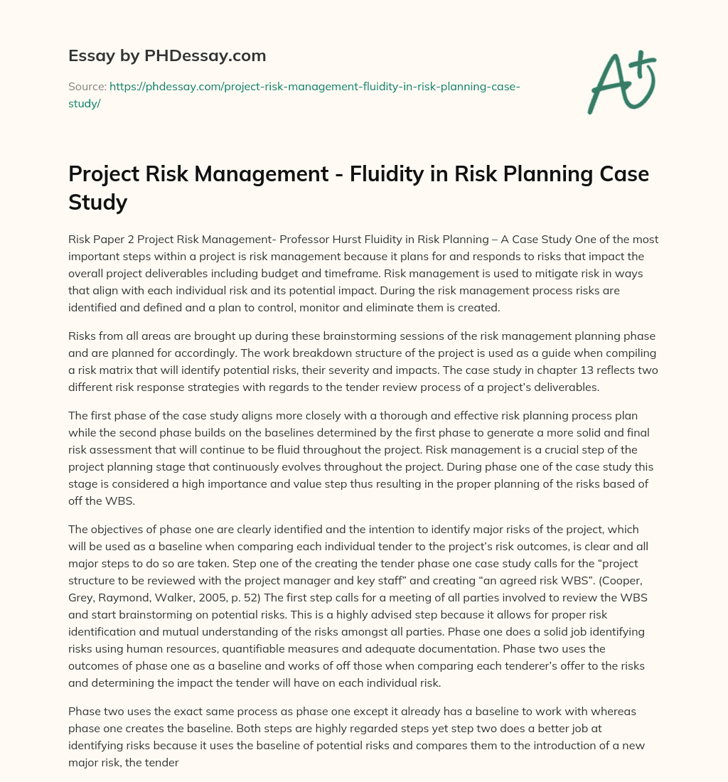 Project Risk Management – Fluidity in Risk Planning Case Study essay