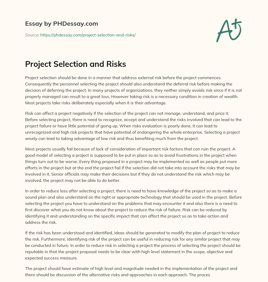 Project Selection and Risks essay