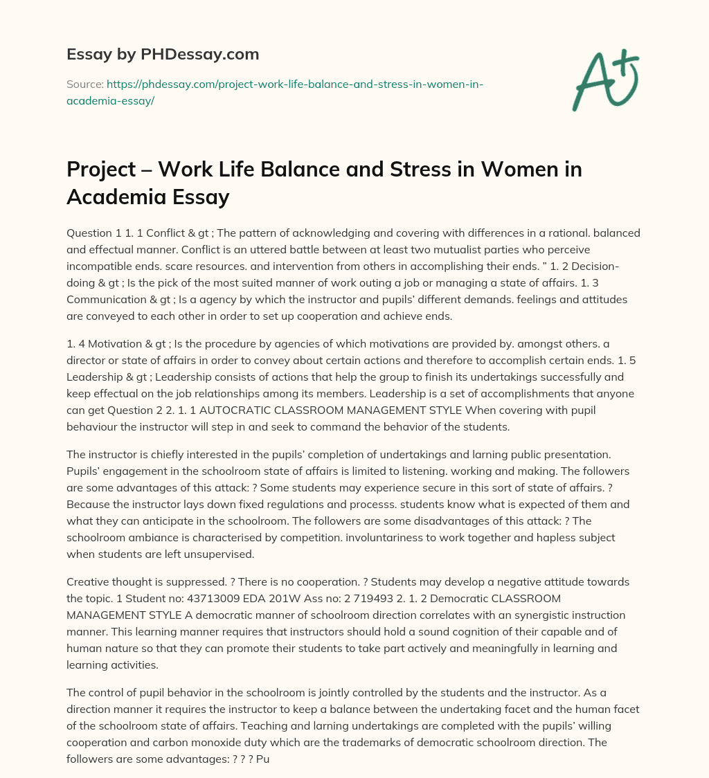 Project – Work Life Balance and Stress in Women in Academia Essay essay