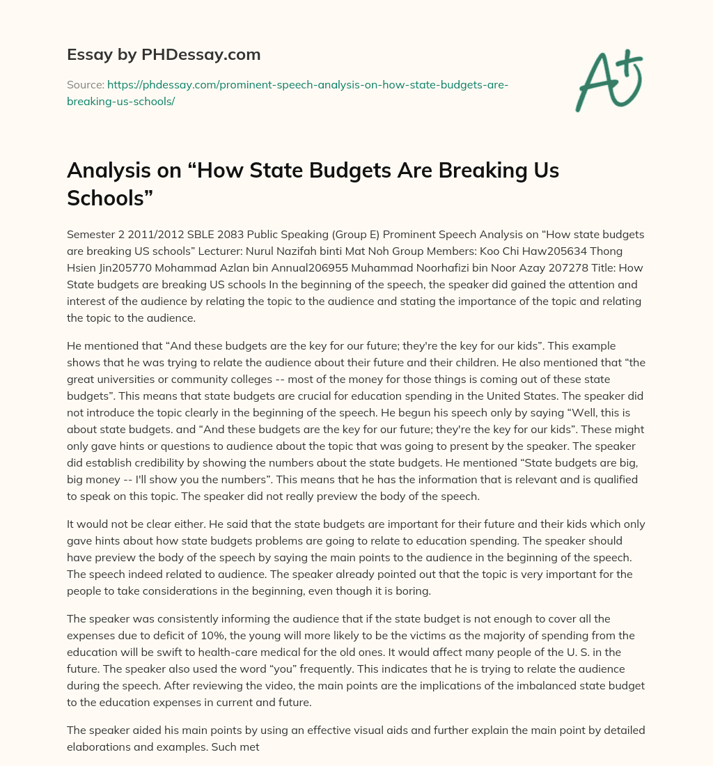 Analysis on “How State Budgets Are Breaking Us Schools” essay