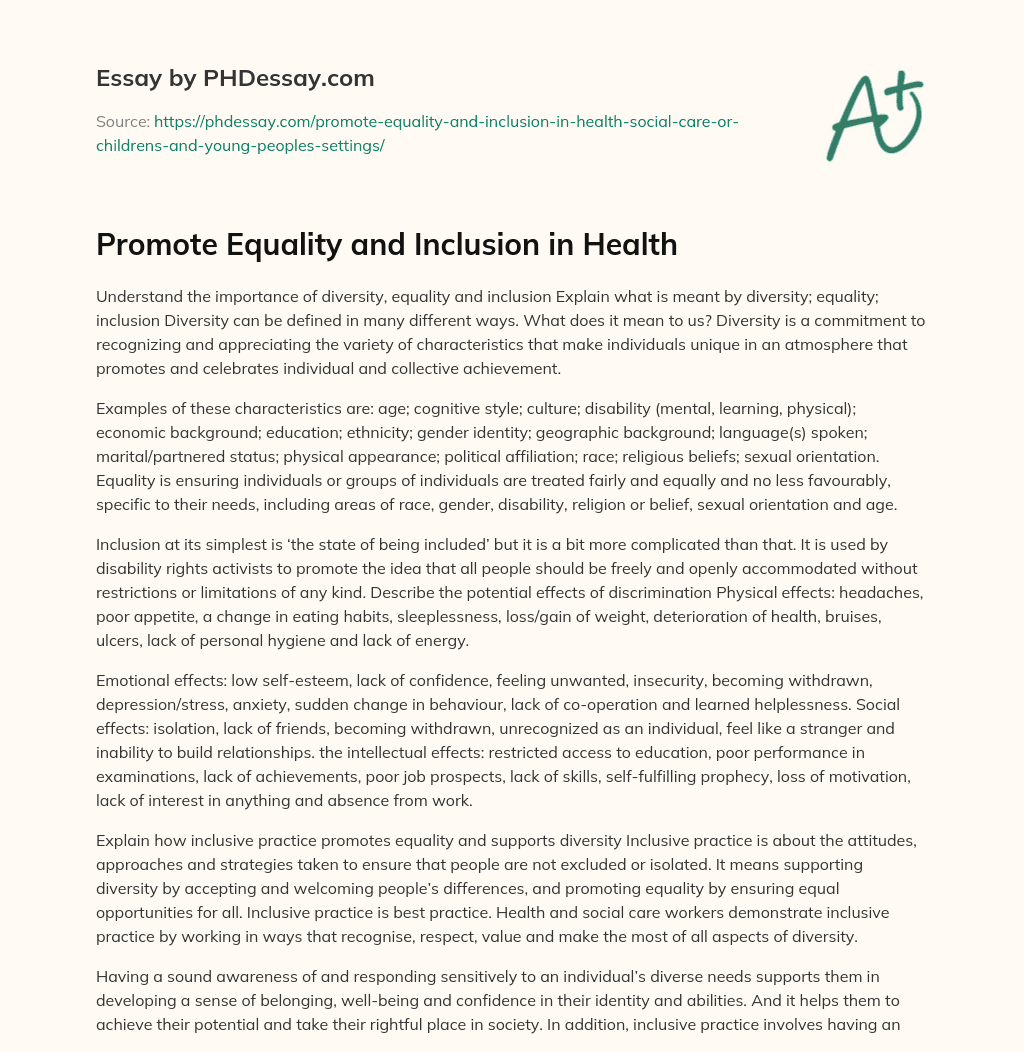 Promote Equality and Inclusion in Health essay