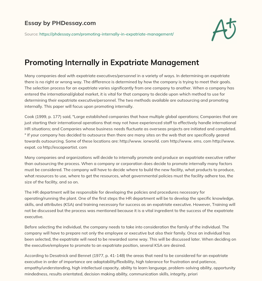 Promoting Internally in Expatriate Management essay