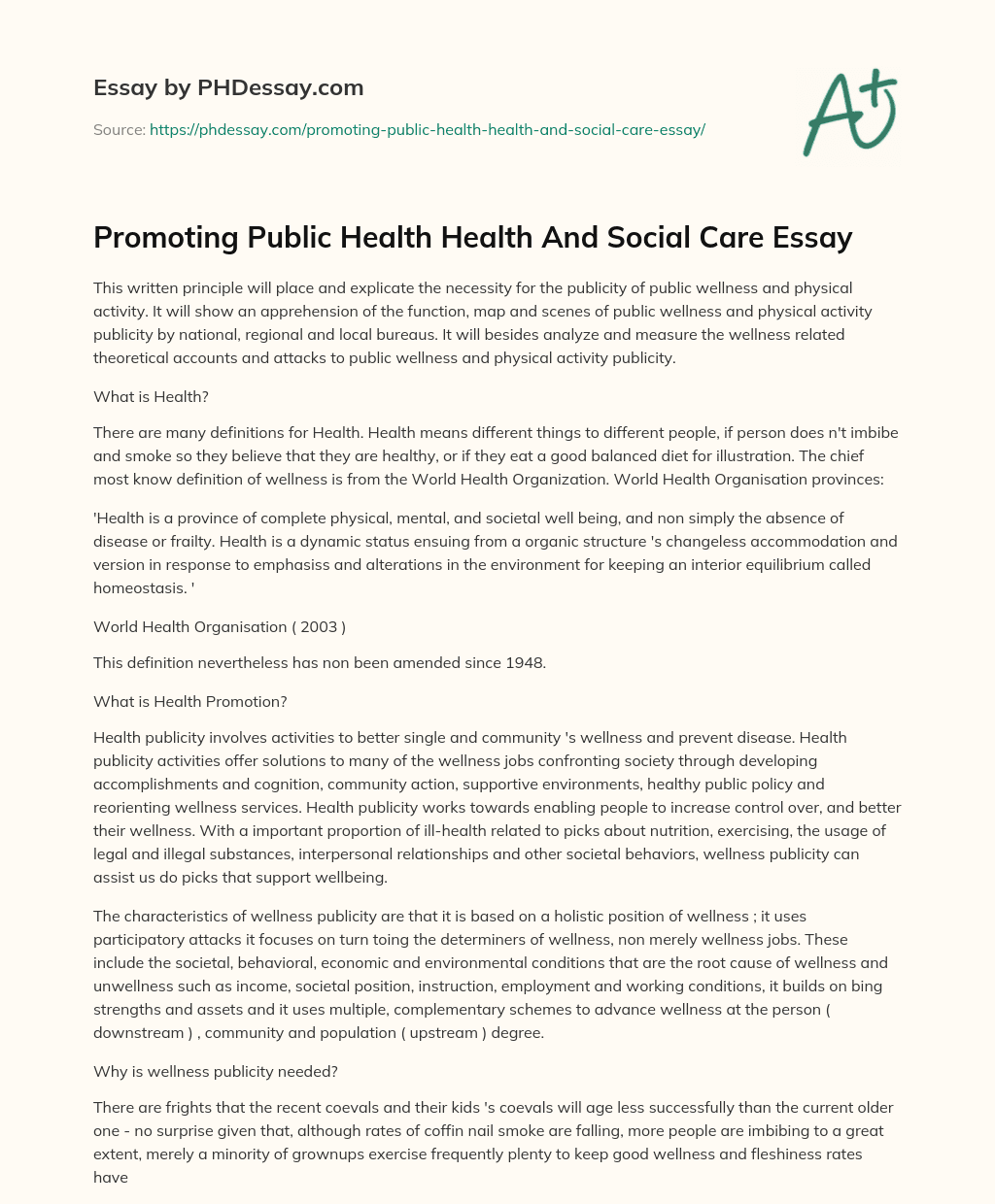 Promoting Public Health Health And Social Care Essay essay