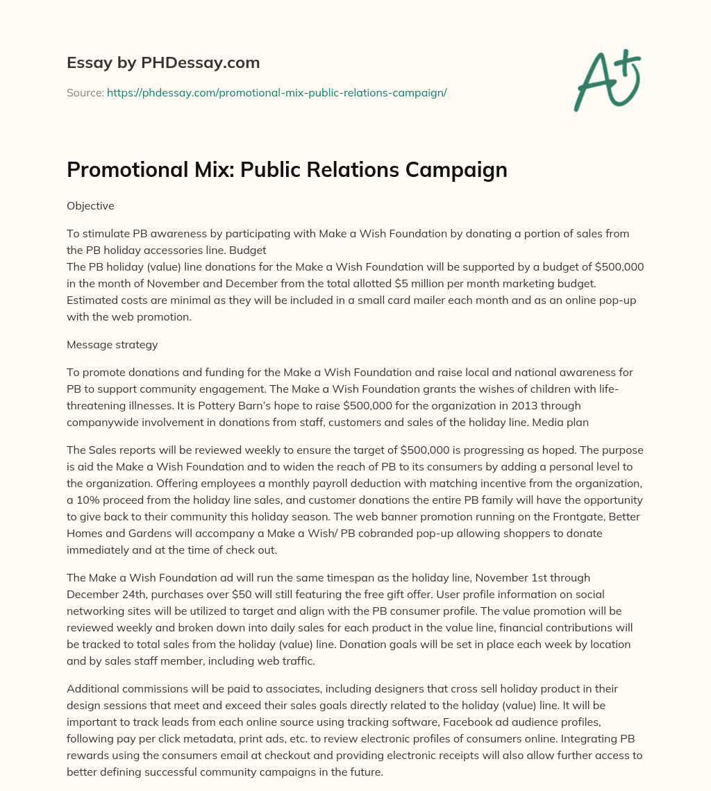 Promotional Mix: Public Relations Campaign essay