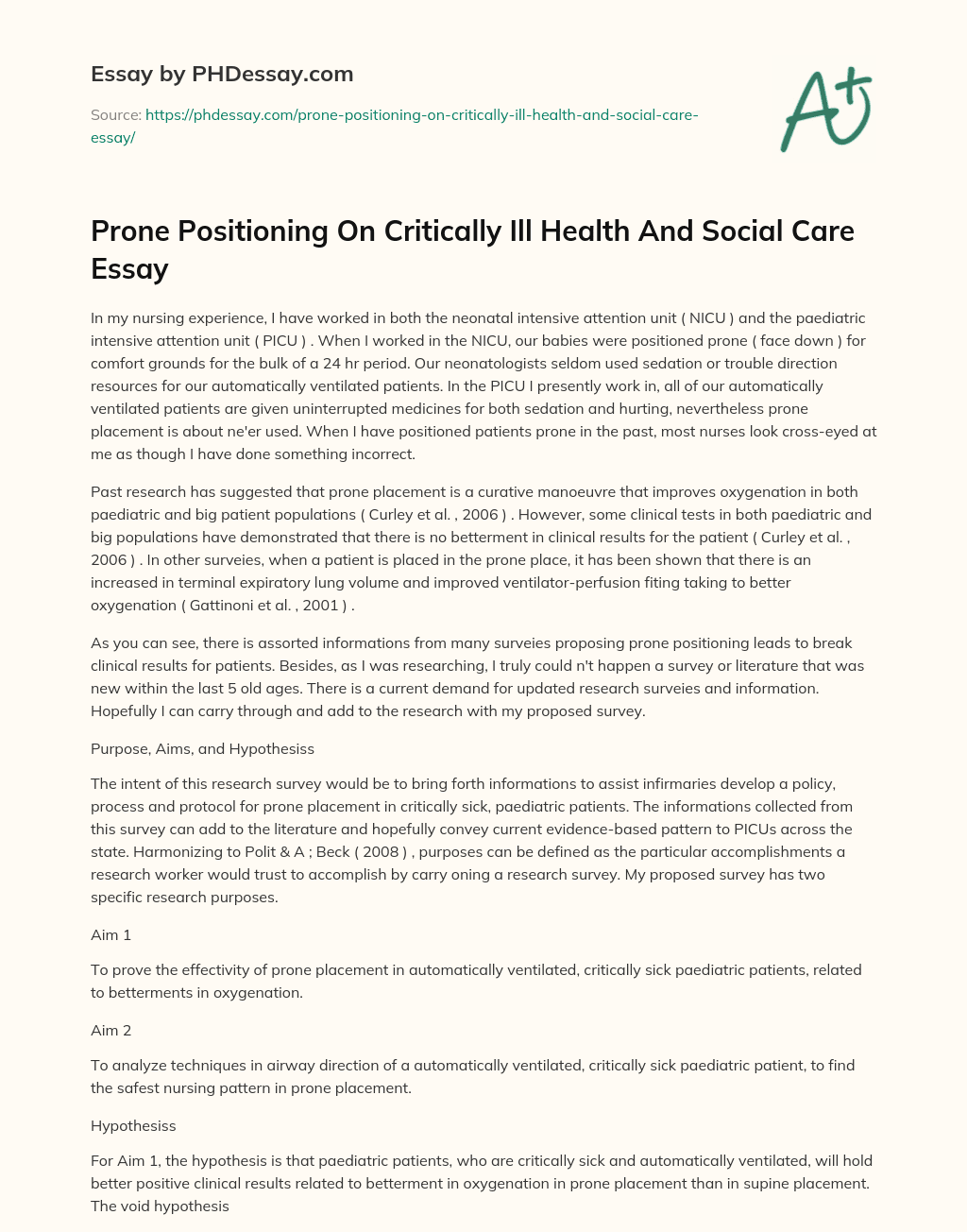 Prone Positioning On Critically Ill Health And Social Care Essay essay
