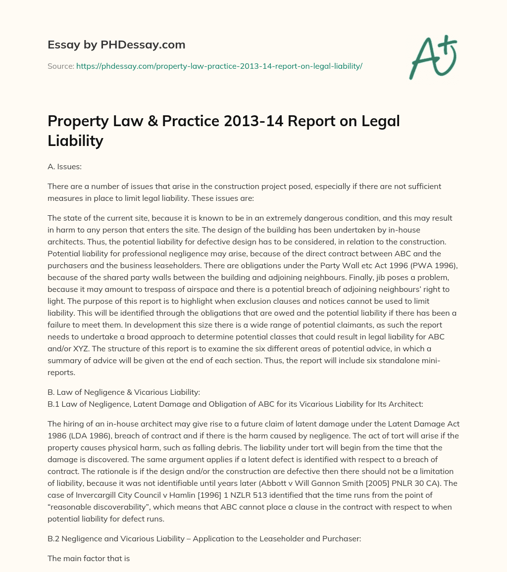 Property Law & Practice 2013-14 Report on Legal Liability essay