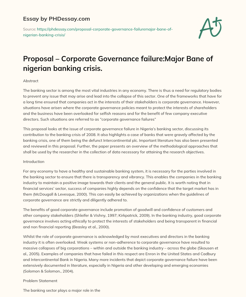 Proposal – Corporate Governance failure:Major Bane of nigerian banking crisis. essay