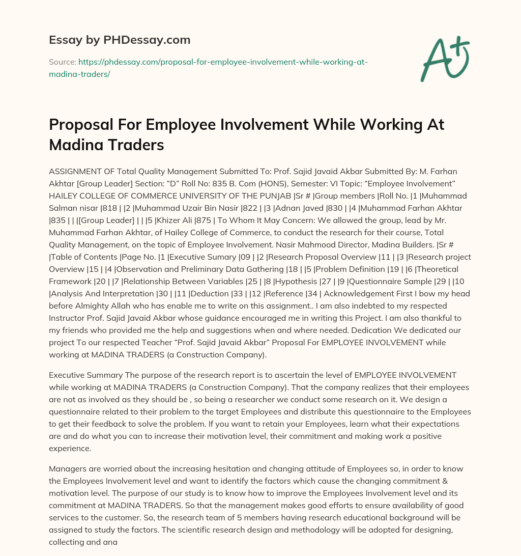 Proposal For Employee Involvement While Working At Madina Traders essay