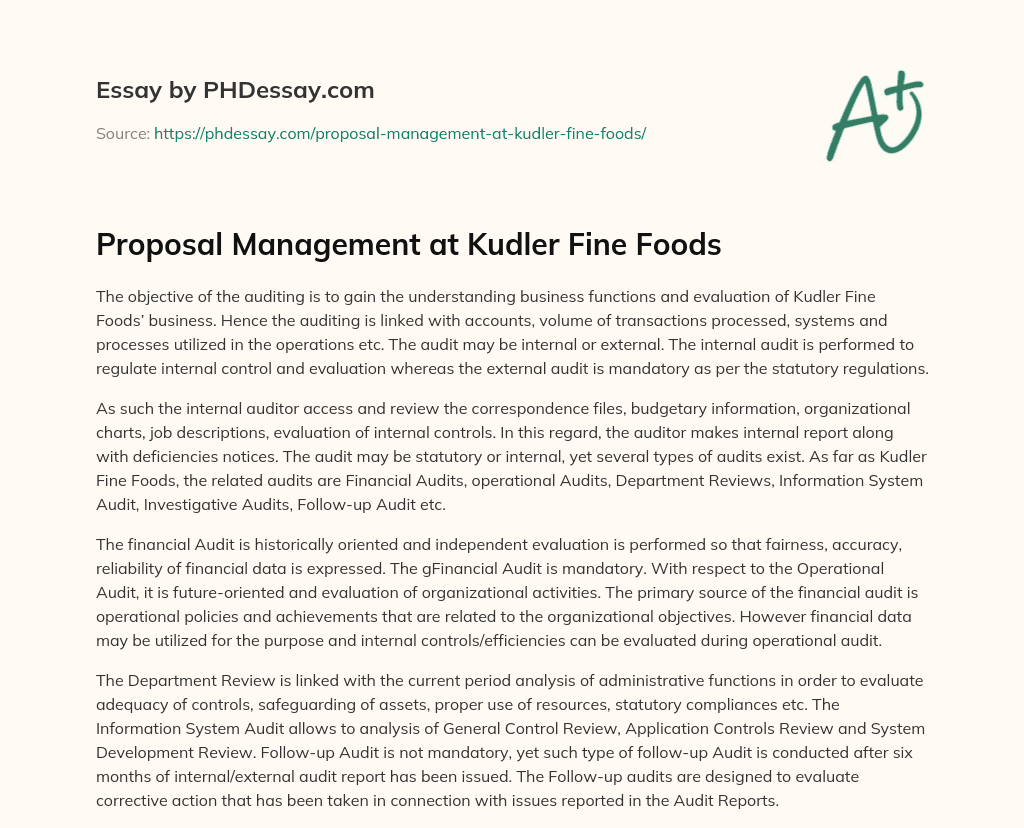 Proposal Management at Kudler Fine Foods essay