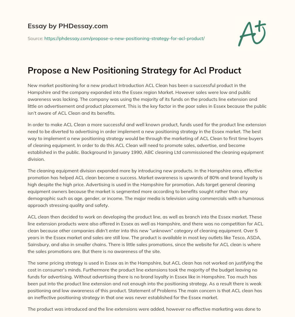 Propose a New Positioning Strategy for Acl Product essay