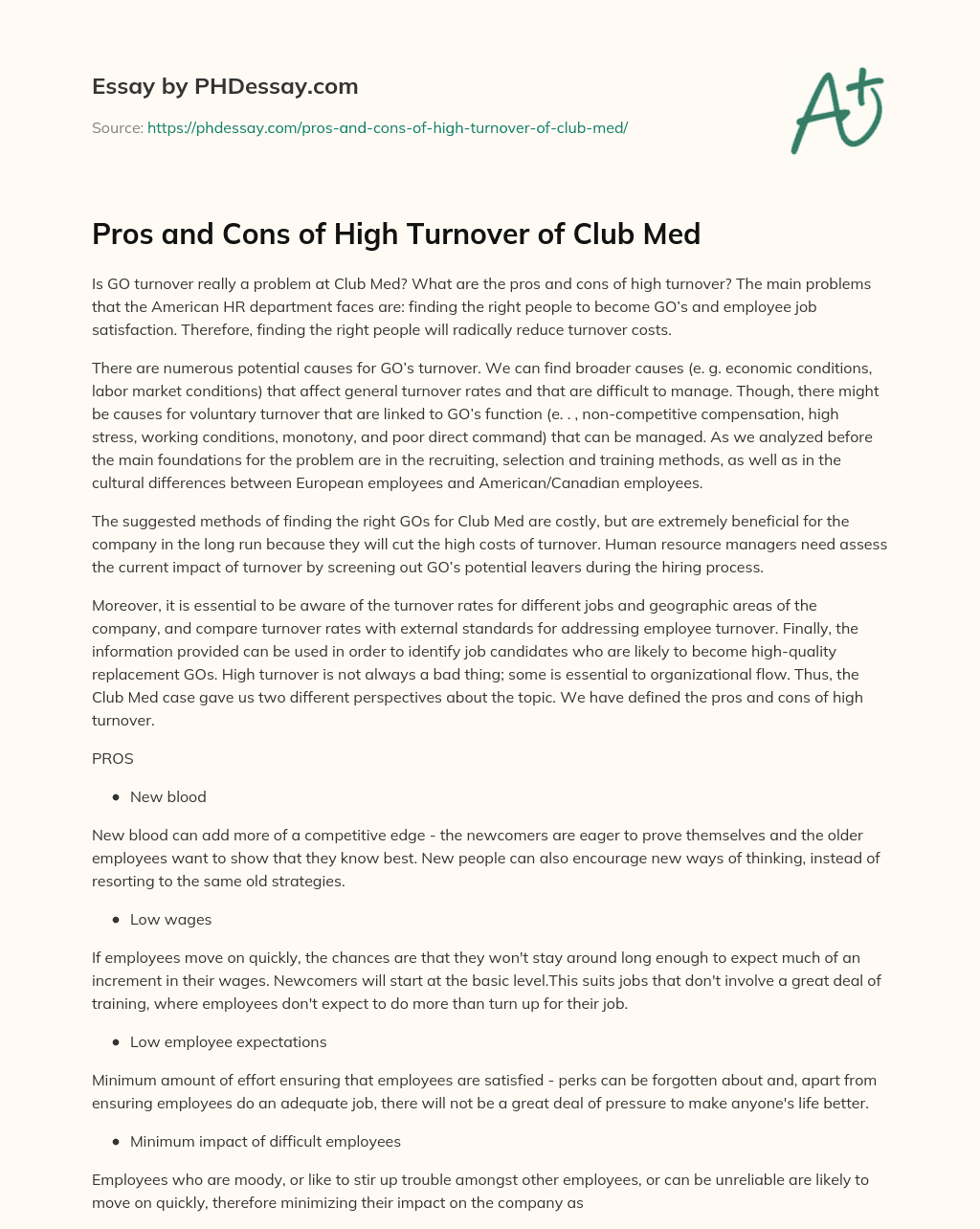 Pros and Cons of High Turnover of Club Med essay