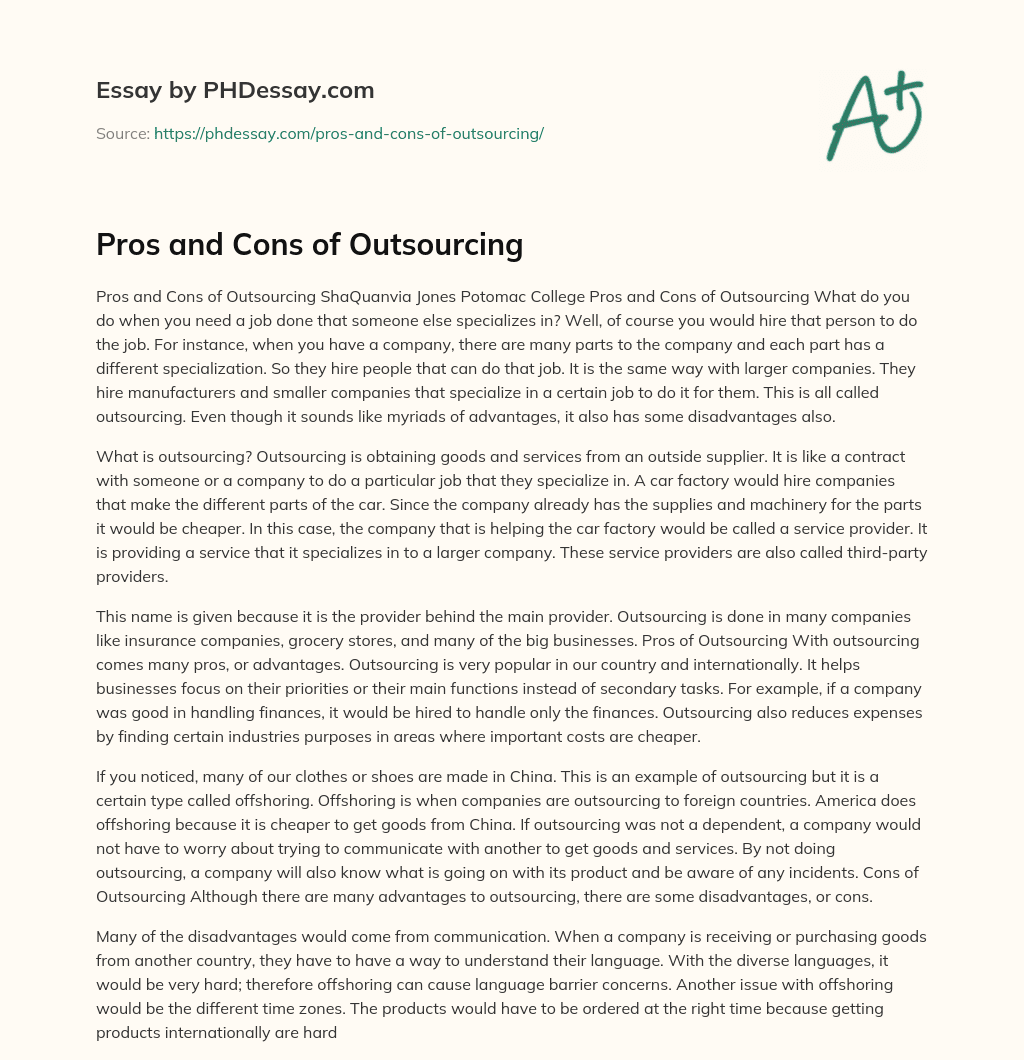 Pros and Cons of Outsourcing essay