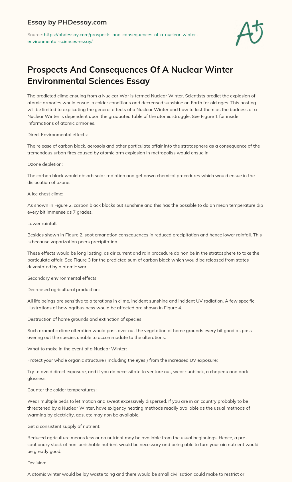 Prospects And Consequences Of A Nuclear Winter Environmental Sciences Essay essay