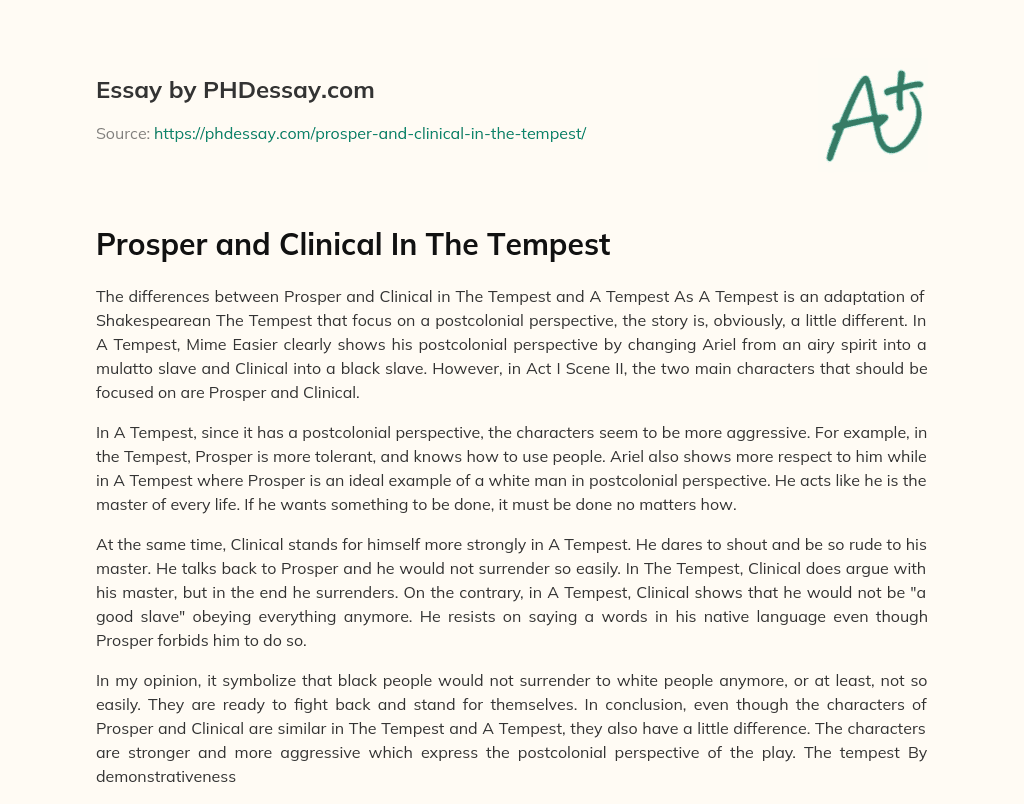 Prosper and Clinical In The Tempest essay
