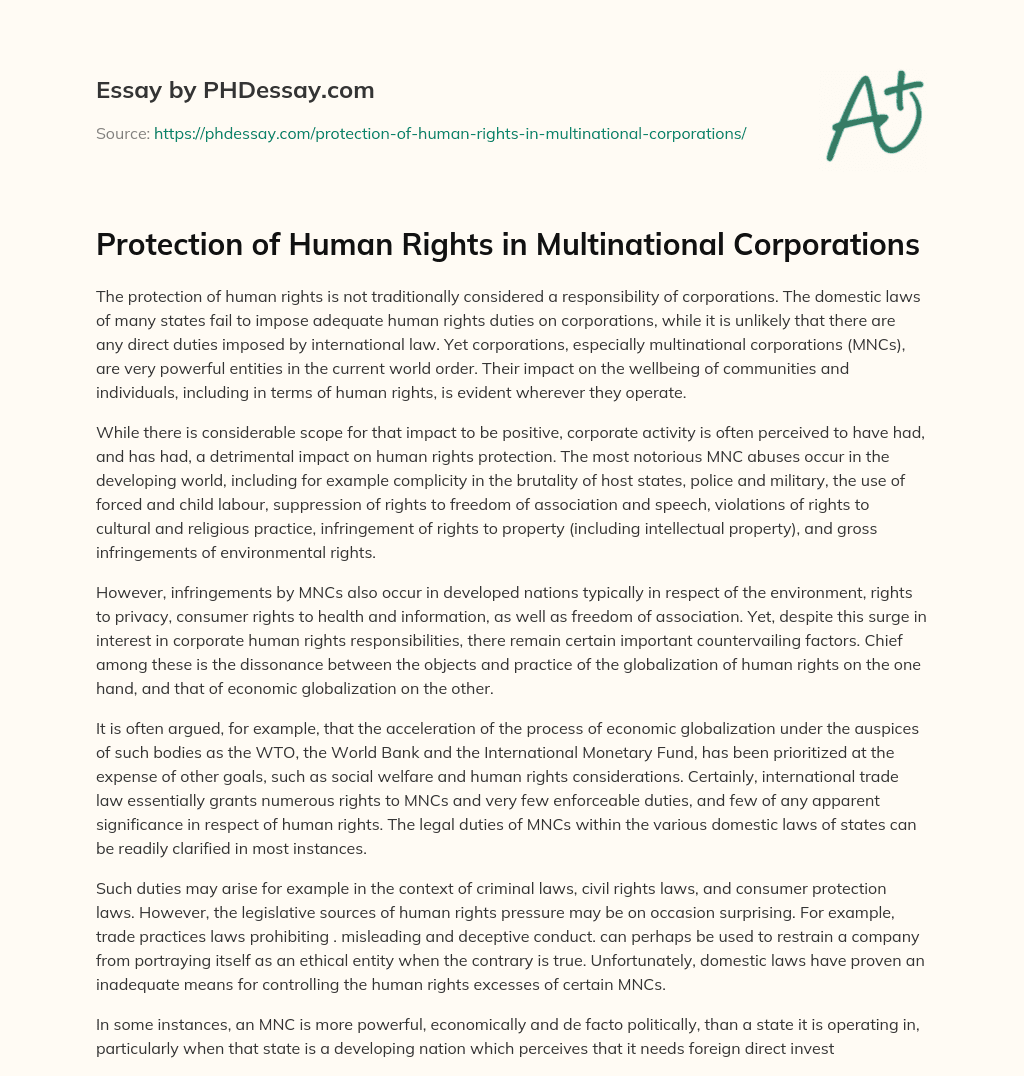 Protection of Human Rights in Multinational Corporations essay