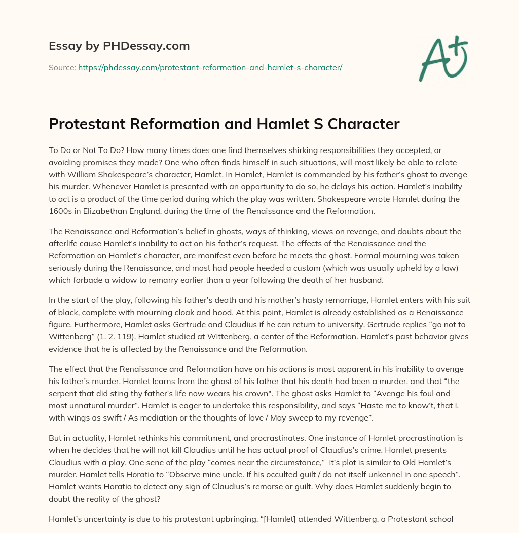 Protestant Reformation and Hamlet S Character essay