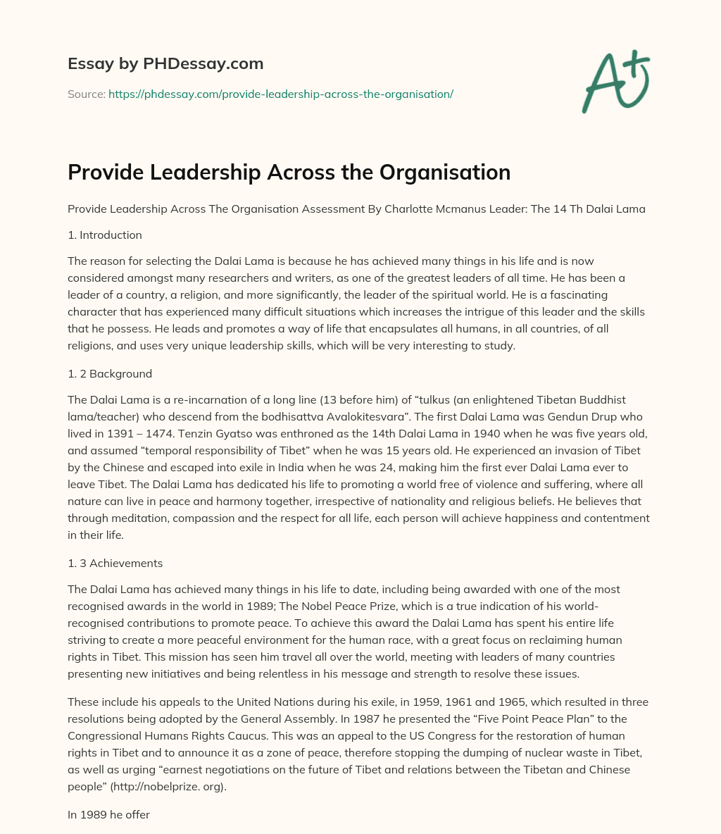 Provide Leadership Across the Organisation essay