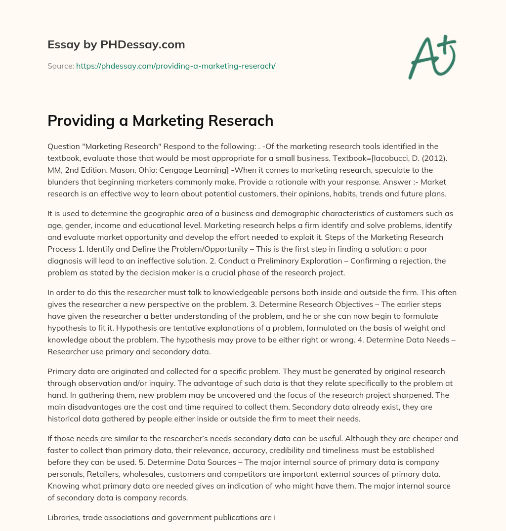 Providing a Marketing Reserach essay