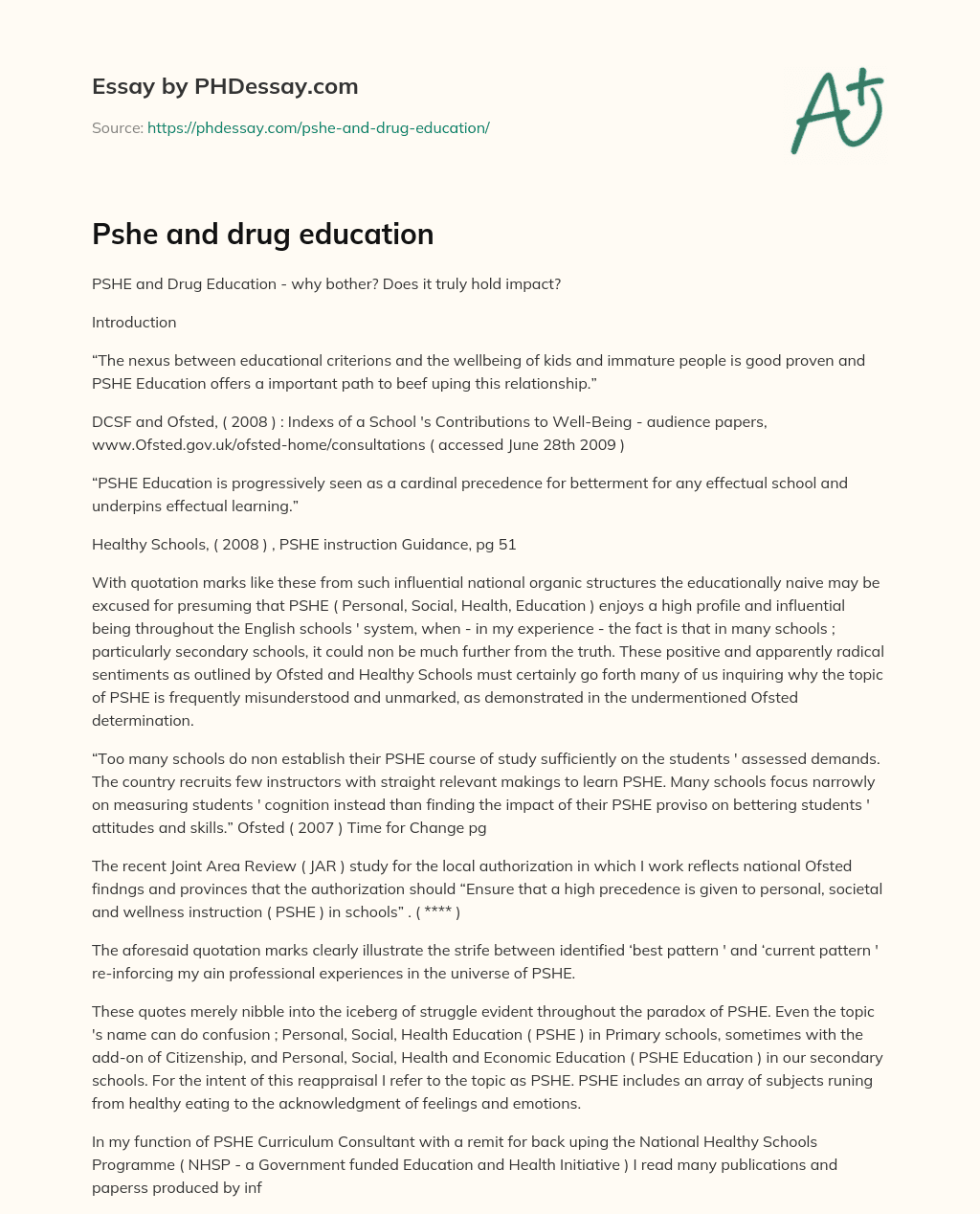 Pshe and drug education essay