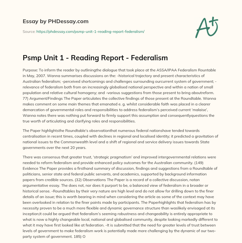 Psmp Unit 1 – Reading Report – Federalism essay