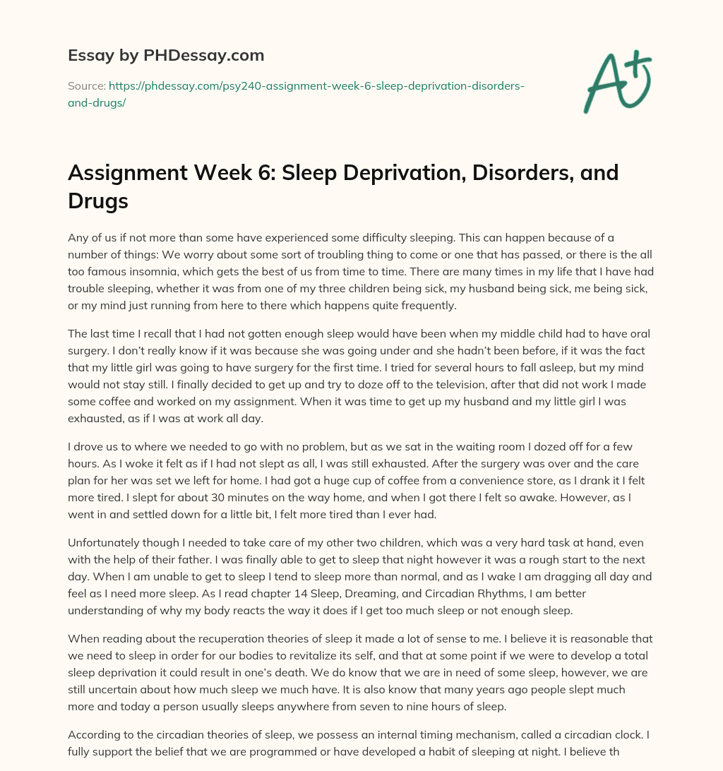 Assignment Week 6: Sleep Deprivation, Disorders, and Drugs essay