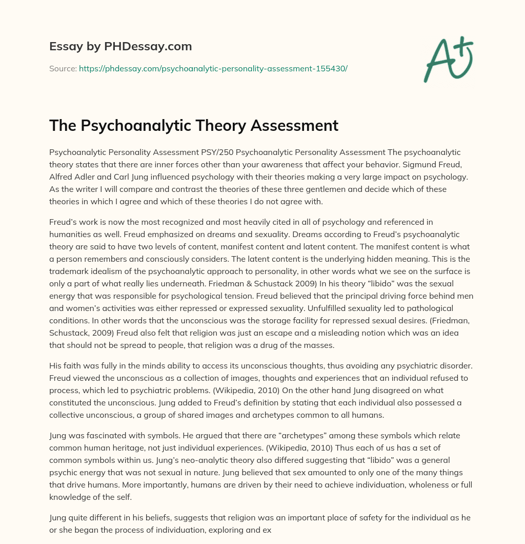 The Psychoanalytic Theory Assessment essay