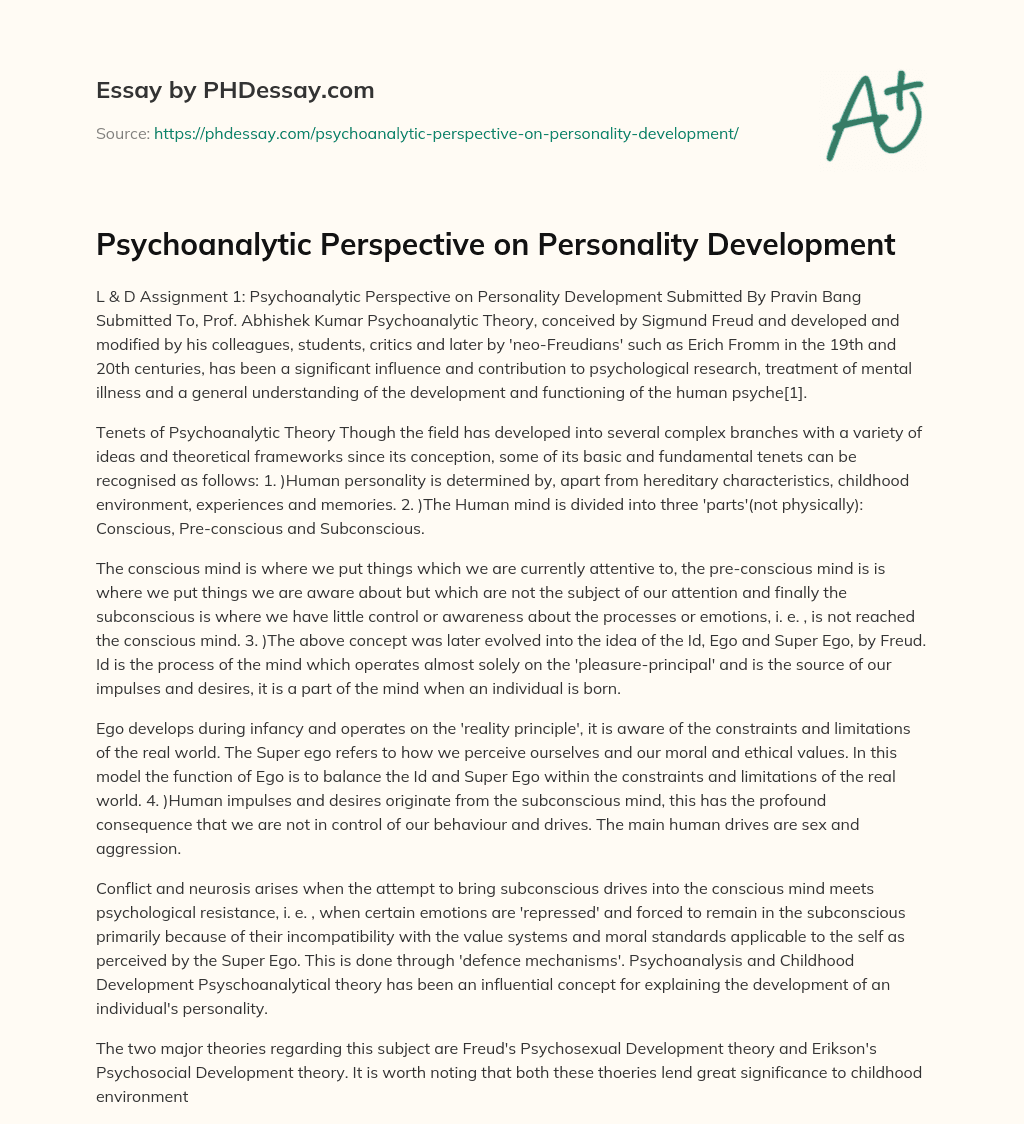 Psychoanalytic Perspective on Personality Development essay