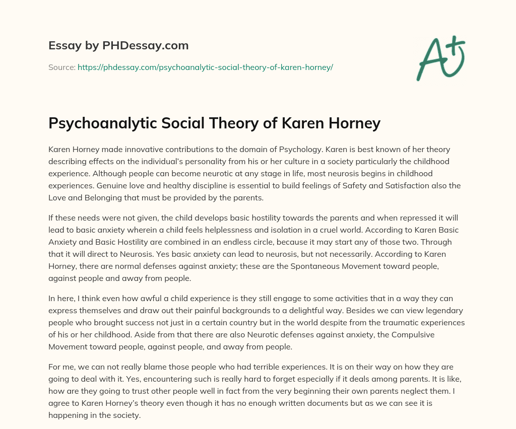 Psychoanalytic Social Theory Of Karen Horney Evaluation Paper Example ...