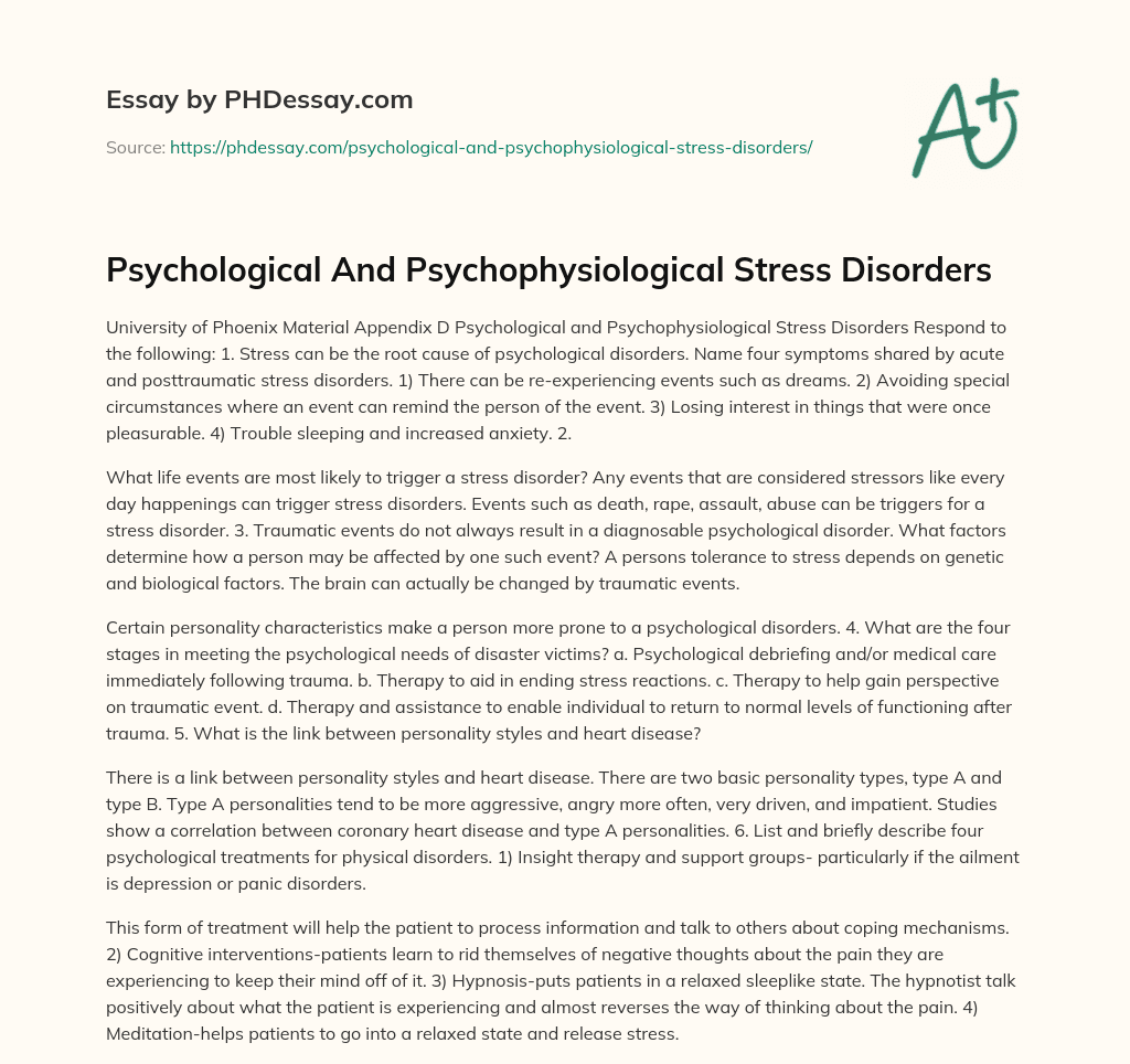 Psychological And Psychophysiological Stress Disorders essay
