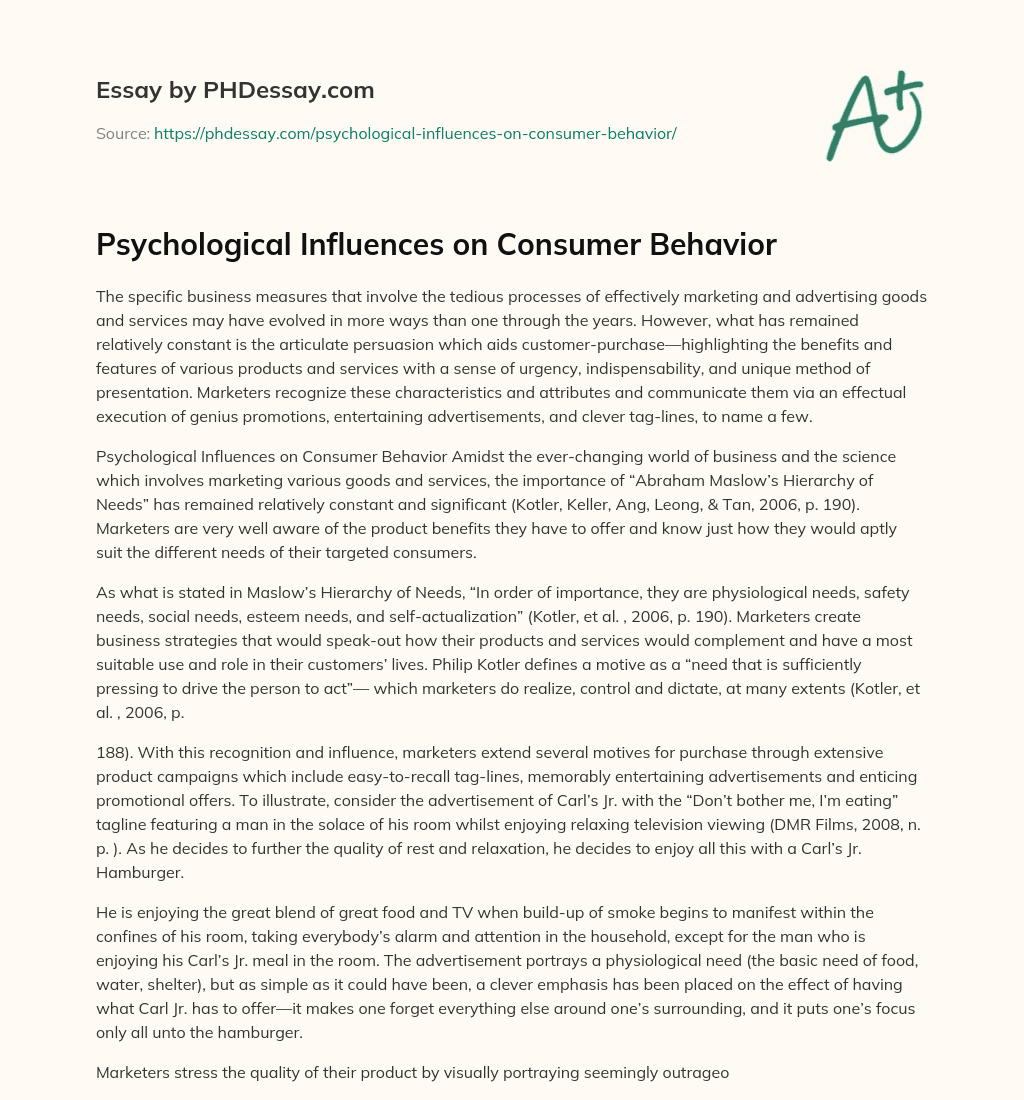 Psychological Influences on Consumer Behavior essay