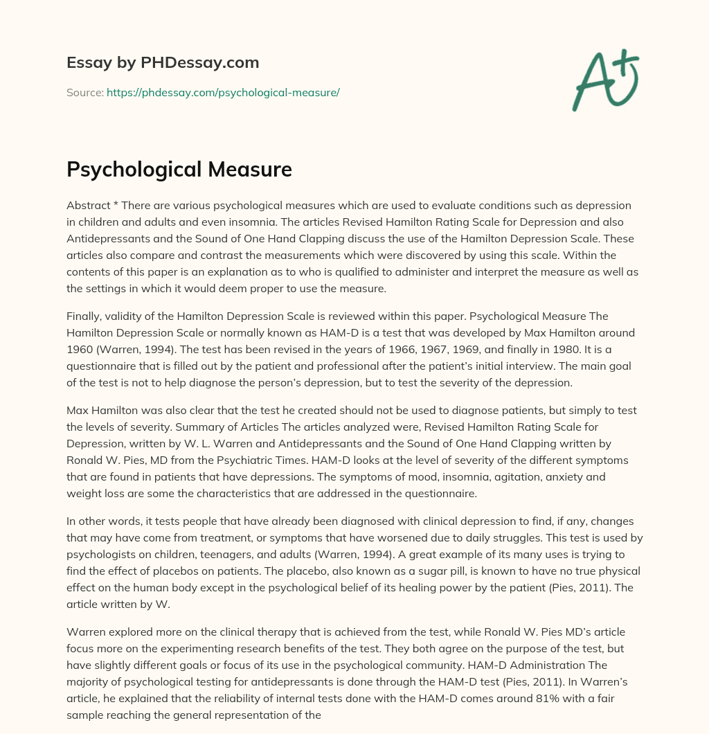 Analyzing the Use and Validity of the Hamilton Depression Scale for Psychological Evaluation essay