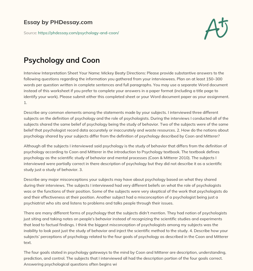 Psychology and Coon essay
