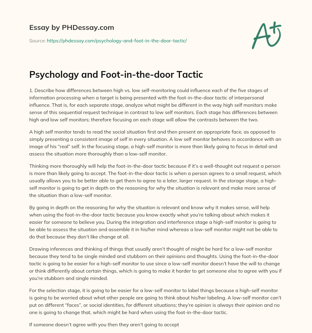Psychology and Foot-in-the-door Tactic essay