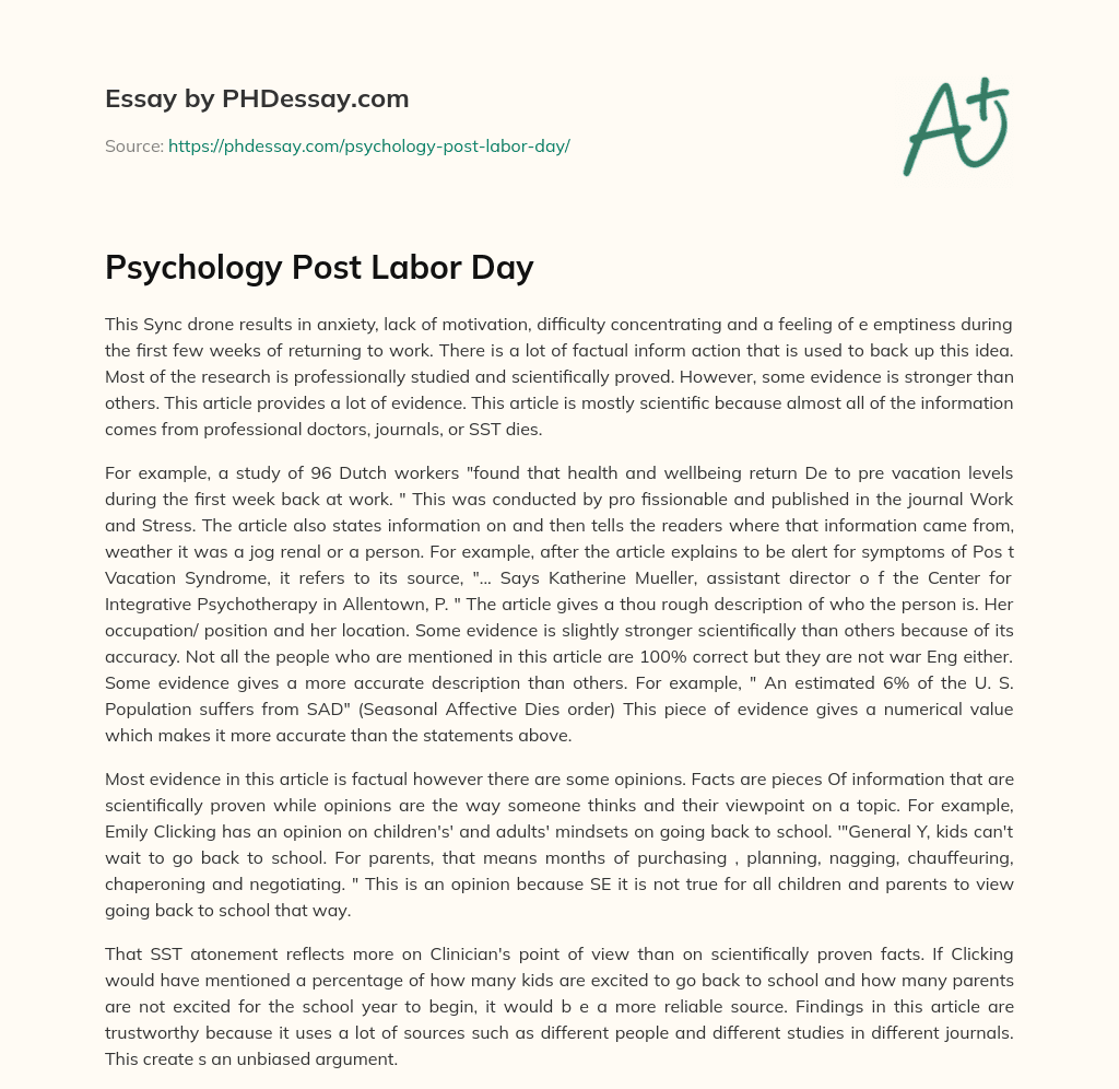 Psychology Post Labor Day essay