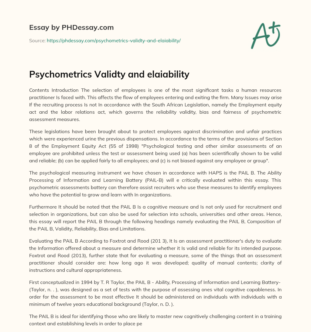 Psychometrics Validty and elaiability essay