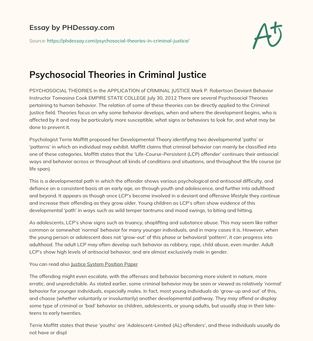Psychosocial Theories in Criminal Justice essay