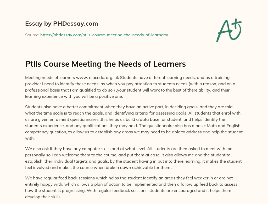 Ptlls Course Meeting the Needs of Learners essay