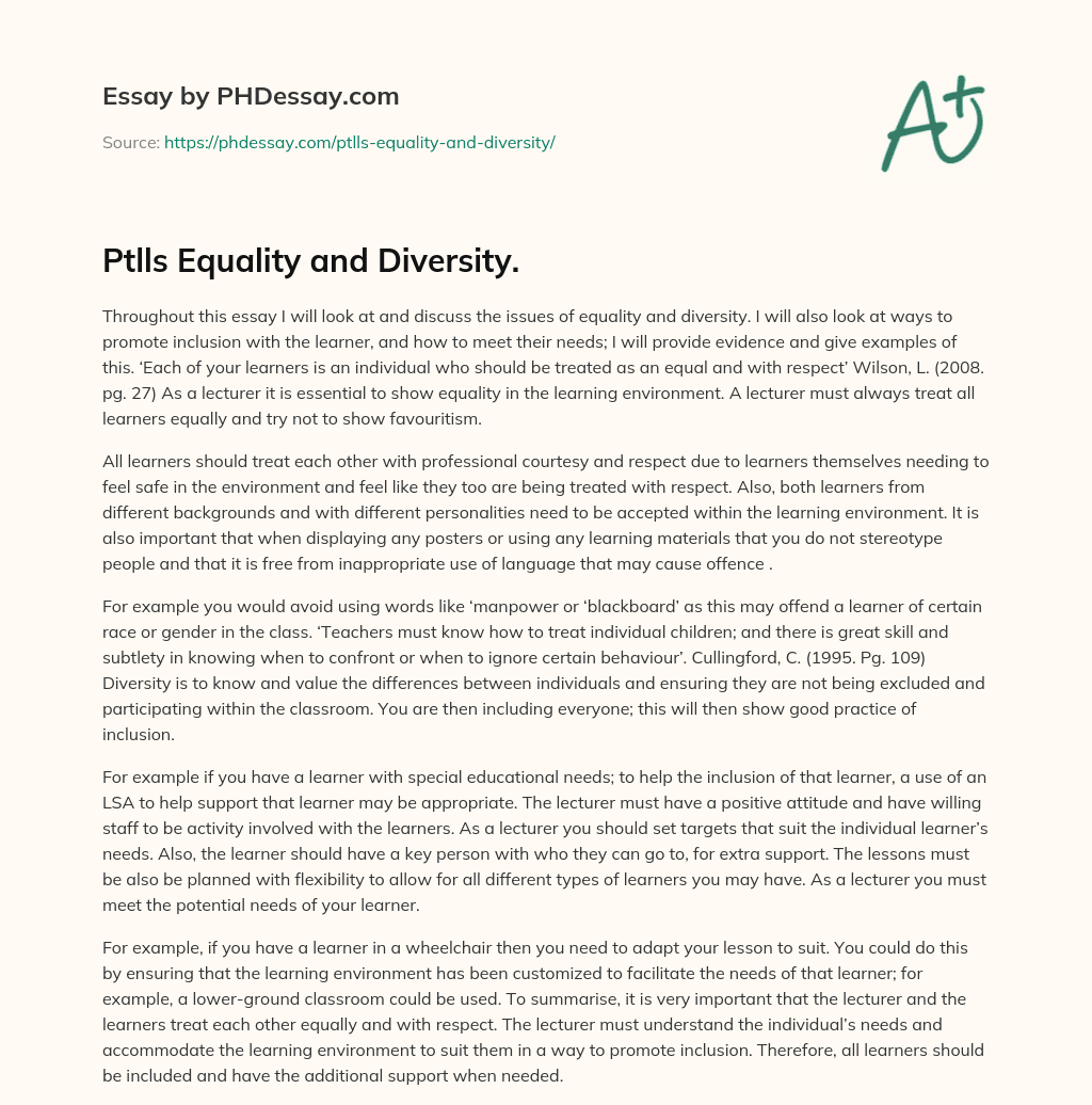 Ptlls Equality and Diversity. essay